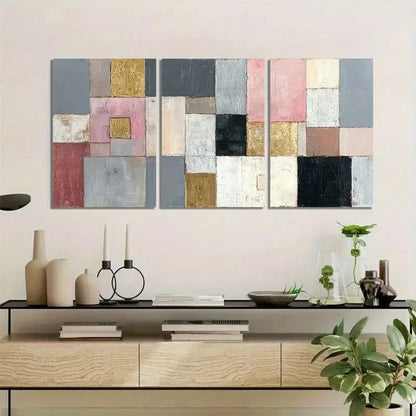 3pcs Abstract Geometric Grey Pink Golden & Black Metal Print Ready to Hang Art - Bella Home Decor