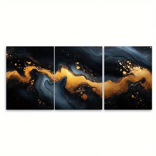 3pcs Golden Black White Marble Effect Metal Print Ready to Hang Art