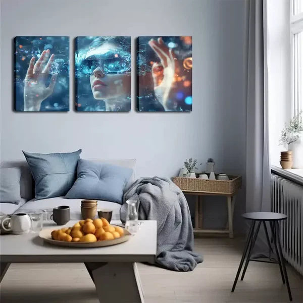 3pcs Virtual Reality Triptych Wall Art Set Canvas Framed 60x90cm - High Quality Print 100% Australian Made Wall Canvas Ready to Hang - Bella Home Decor