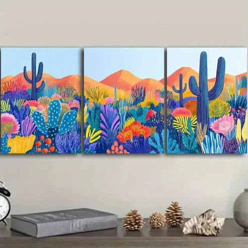 3pcs Colorful Cactus & Floral Garden Scene Wall Art Set Canvas Unframed - High Quality Print 100% Australian Made Wall Canvas - Bella Home Decor