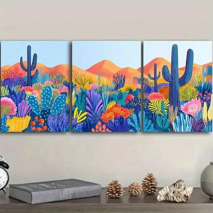 3pcs Colorful Cactus & Floral Garden Scene Wall Art Set Canvas Unframed - High Quality Print 100% Australian Made Wall Canvas - Bella Home Decor