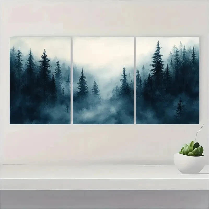 3pcs Foggy Pine Forest Watercolor Painting Metal Print Ready to Hang Art - Bella Home Decor