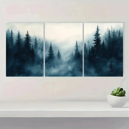 3pcs Foggy Pine Forest Watercolor Painting Metal Print Ready to Hang Art - Bella Home Decor