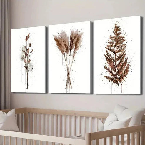 3pcs Brown Abstract Cotton Plant Print Wall Art Canvas Unframed - High Quality Print 100% Australian Made Wall Canvas