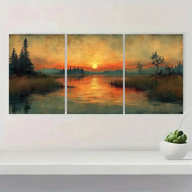 3pcs Antique Hill and Marshland Landscape Art Metal Print Ready to Hang Art - Bella Home Decor