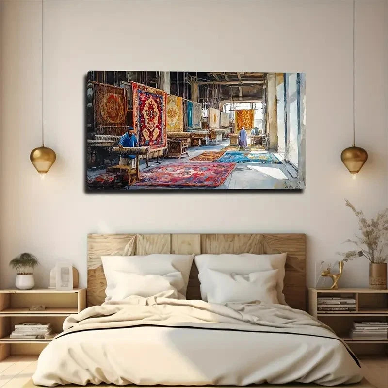 Vibrant Textile Factory Scene Wall Art Canvas Office Home Room Framed 120x60cm