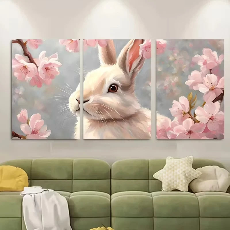 3pcs Cute Bunny In Cherry Blossom Metal Print Ready to Hang Art - Bella Home Decor