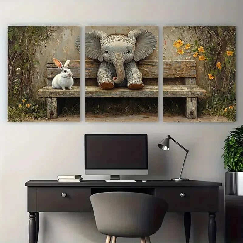 3pcs Whimsical Elephant and Rabbit Bench Metal Print Ready to Hang Art - Bella Home Decor