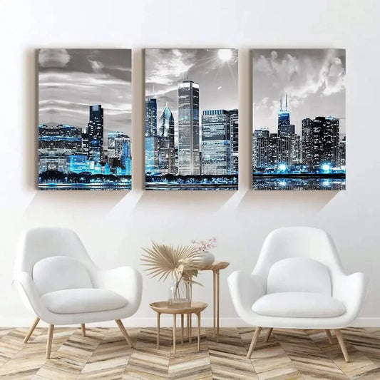3pcs Modern City Pictures Night Scene Metal Print Ready to Hang Art