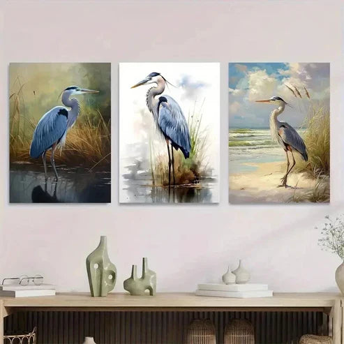 3pcs Blue Heron Wetlands & Beach Scene Wall Art Set Canvas Unframed - High Quality Print 100% Australian Made Wall Canvas - Bella Home Decor