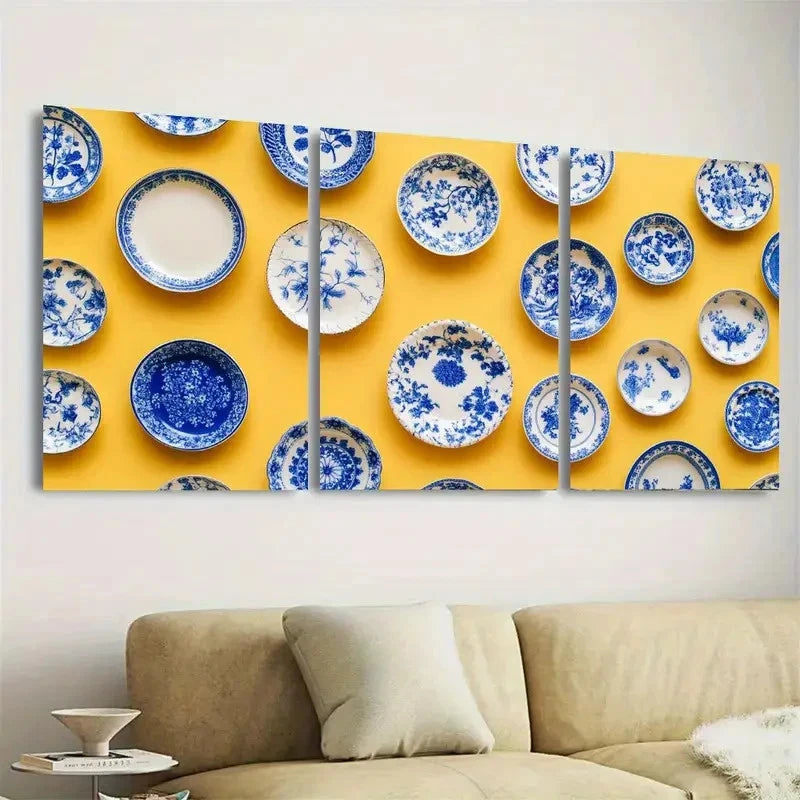 3pcs Blue and white porcelain plates on yellow Wall Art Set Canvas Framed 50x70cm - High Quality Print 100% Australian Made Wall Canvas Ready to Hang - Bella Home Decor