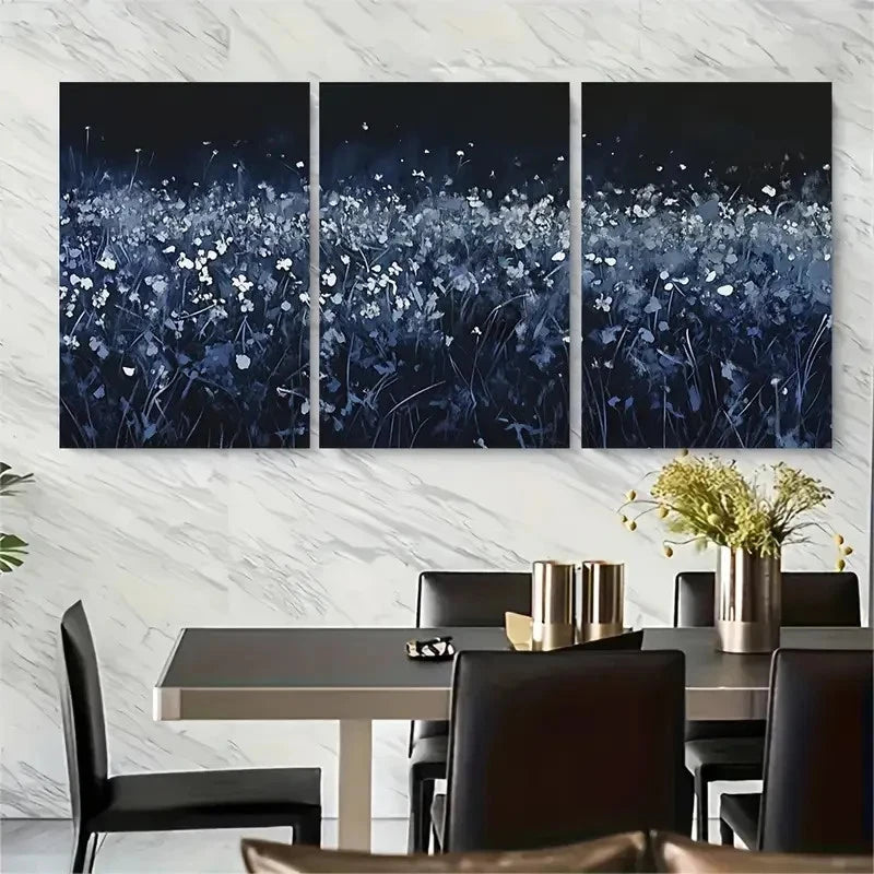3pcs Deep Blue Night Meadow Floral Design Metal Print Ready to Hang Art - Bella Home Decor