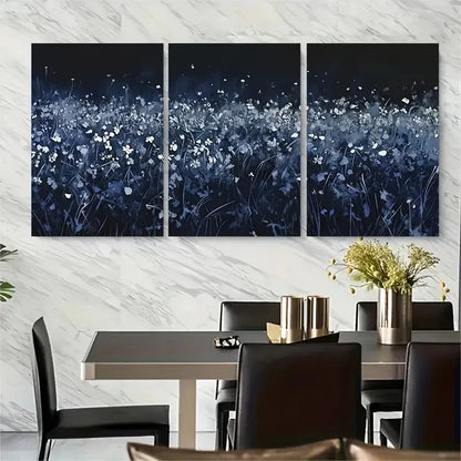 3pcs Deep Blue Night Meadow Floral Design Metal Print Ready to Hang Art - Bella Home Decor