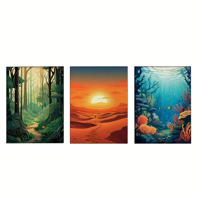 3pcs Nature Scenes: Jungle, Desert & Ocean  Wall Art Set Canvas Framed 50x70cm - High Quality Print 100% Australian Made Wall Canvas Ready to Hang