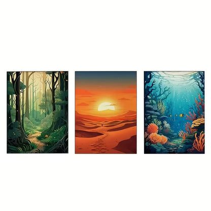 3pcs Nature Scenes: Jungle, Desert & Ocean  Wall Art Set Canvas Framed 50x70cm - High Quality Print 100% Australian Made Wall Canvas Ready to Hang