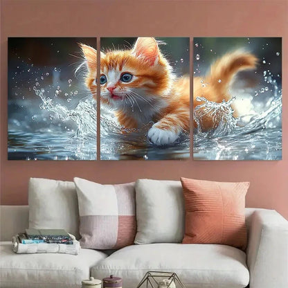 3pcs Fluffy Kitten Playing with Water Metal Print Ready to Hang Art - Bella Home Decor