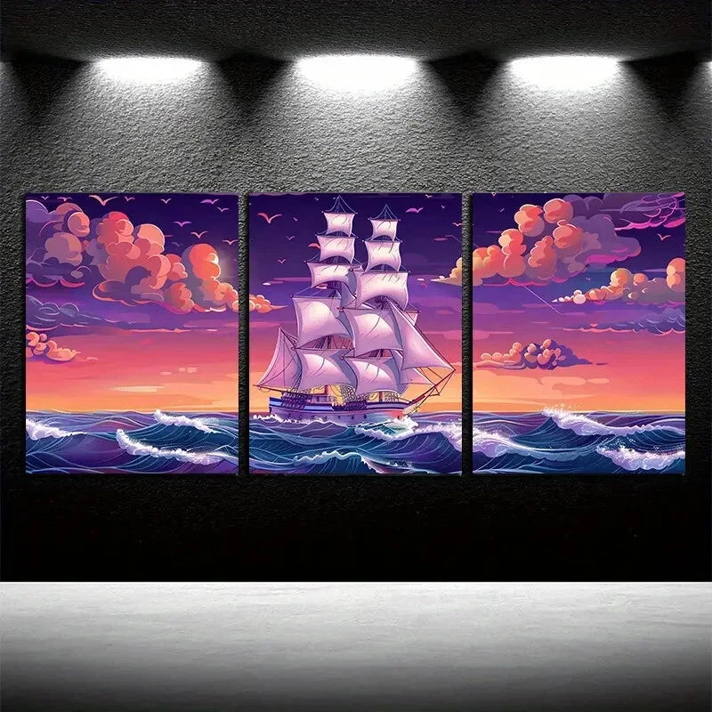 3pcs Mystical Sailboat at Sea Nautical Design Metal Print Ready to Hang Art - Bella Home Decor