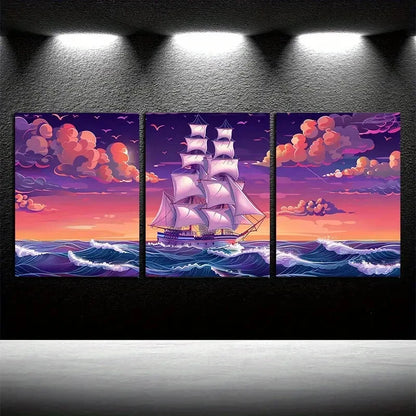 3pcs Mystical Sailboat at Sea Nautical Design Metal Print Ready to Hang Art - Bella Home Decor