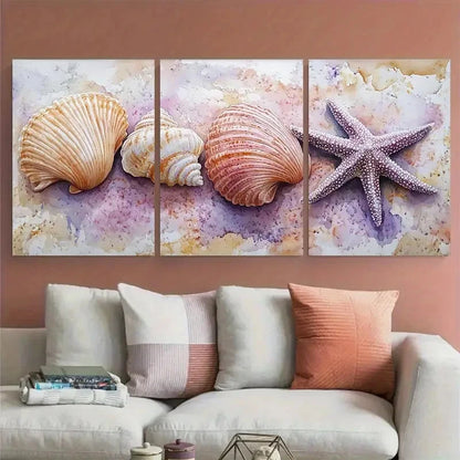 3pcs Delicate SeaShell Coral Starfish Illustration Metal Print Ready to Hang Art - Bella Home Decor