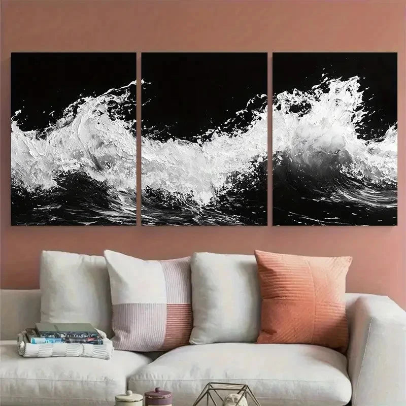 3pcs Black and White Ocean Beach Abstract Design Wall Art Set Canvas Framed 40x60cm - High Quality Print 100% Australian Made Wall Canvas Ready to Hang - Bella Home Decor