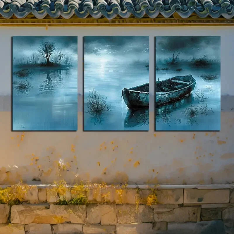 3pcs Dark Lake and Boat Scene Metal Print Ready to Hang Art - Bella Home Decor