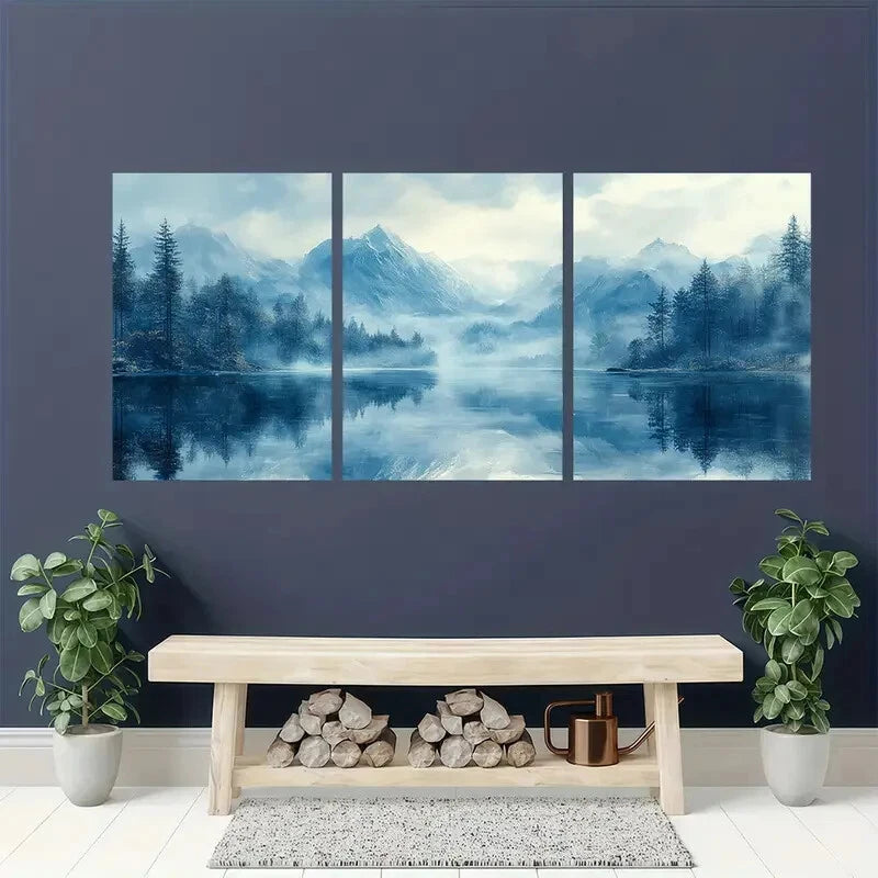 3pcs Abstract Landscape Serene Blue Mountain Lake Metal Print Ready to Hang Art - Bella Home Decor