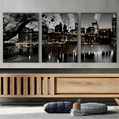 3pcs Night View Sky line Black City Metal Print Ready to Hang Art