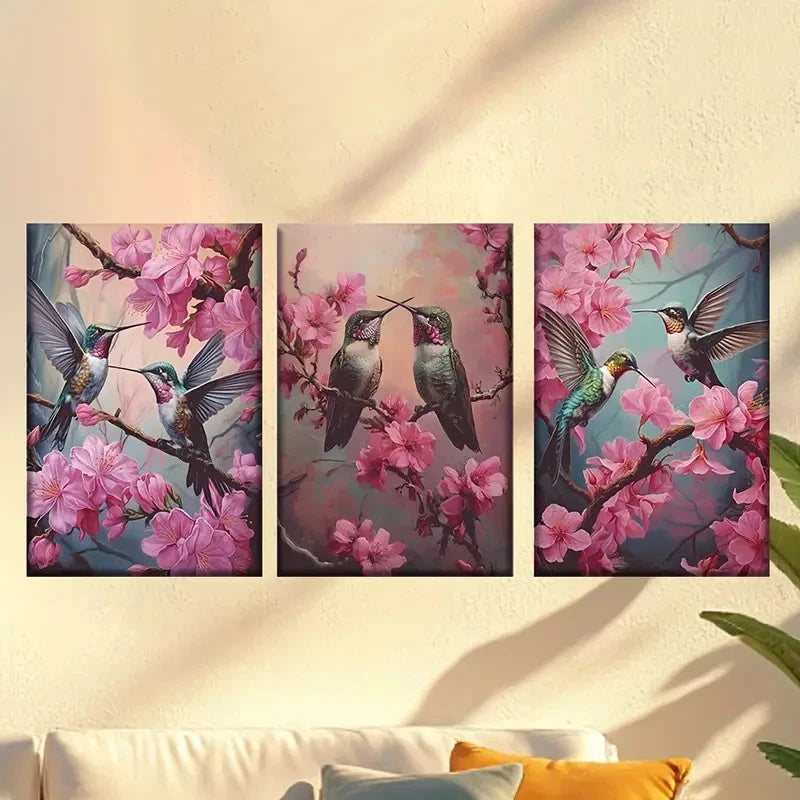 3pcs Hummingbirds and Pink Flowers Wall Art Set Canvas Framed 50x70cm - High Quality Print 100% Australian Made Wall Canvas Ready to Hang
