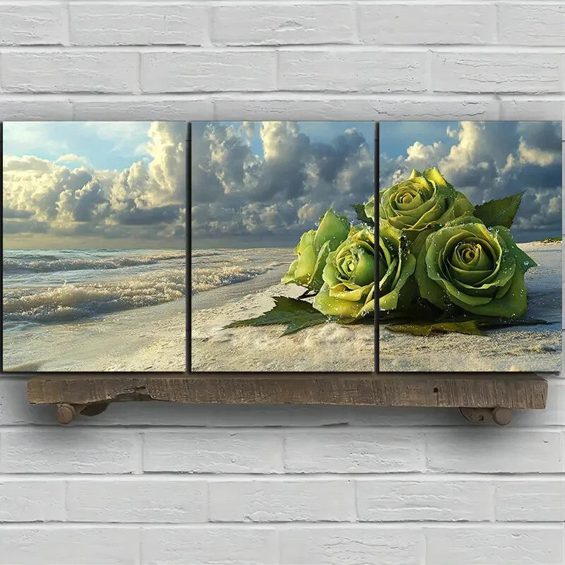 3pcs Green Roses on The Beach Metal Print Ready to Hang Art - Bella Home Decor