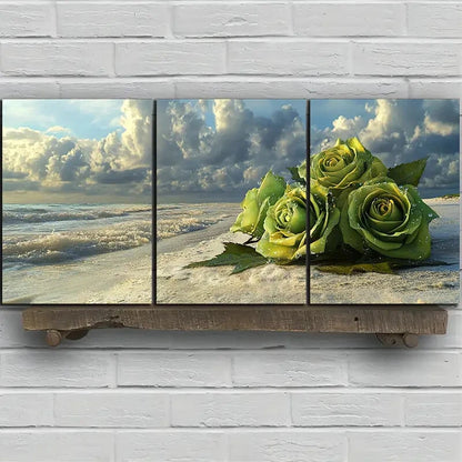 3pcs Green Roses on The Beach Metal Print Ready to Hang Art - Bella Home Decor