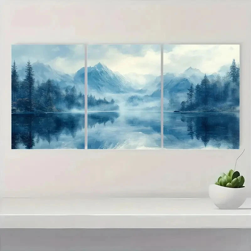 3pcs Abstract Landscape Serene Blue Mountain Lake Metal Print Ready to Hang Art - Bella Home Decor