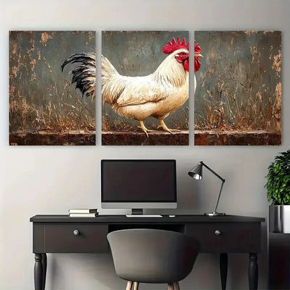 3pcs White Rooster Farm Animals Rustic Design Metal Print Ready to Hang Art - Bella Home Decor