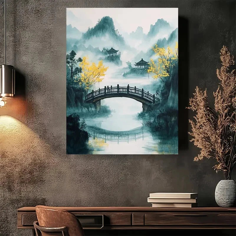 Beautiful Serene Asian Landscape with Bridge and Mount 40x60cm Metal Print Ready to Hang - Bella Home Decor