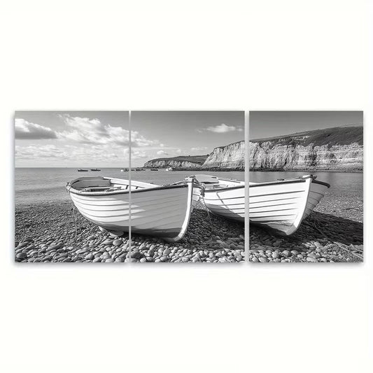 3pcs Black and White Boats at Chesil Cove Metal Print Ready to Hang Art - Bella Home Decor