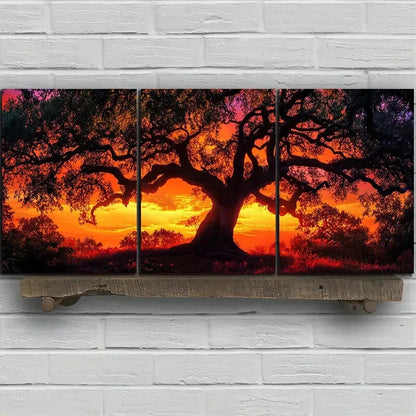 3pcs Sunset Tree Mural Orange Themed Metal Print Ready to Hang Art - Bella Home Decor