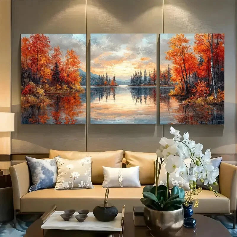 3pcs Autumn Lake Scenery Metal Print Ready to Hang Art