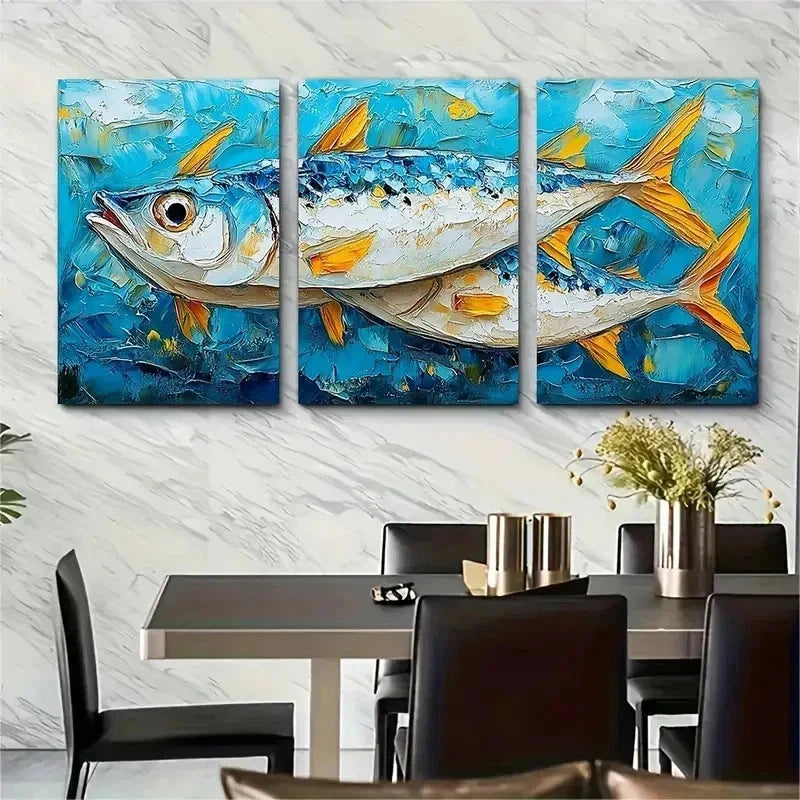 3pcs Textured Fish Artwork Coastal Perfect Wall Art Set Canvas Framed 50x70cm - High Quality Print 100% Australian Made Wall Canvas Ready to Hang