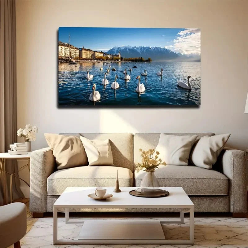 A Group Of Swans On The Lake Wall Art Canvas Office Home Room Framed 120x60cm