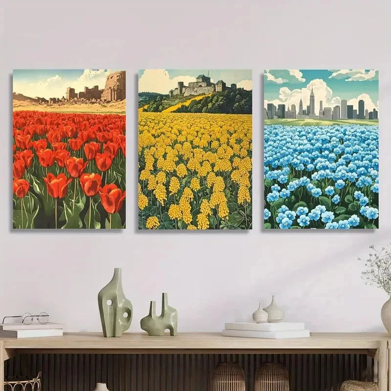 3pcs botanical flower field with red, yellow ,Metal Print Ready to Hang Art