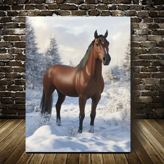Beautiful Horse Equestrian Snowy Landscape Painting  40x60cm Metal Print Ready to Hang - Bella Home Decor