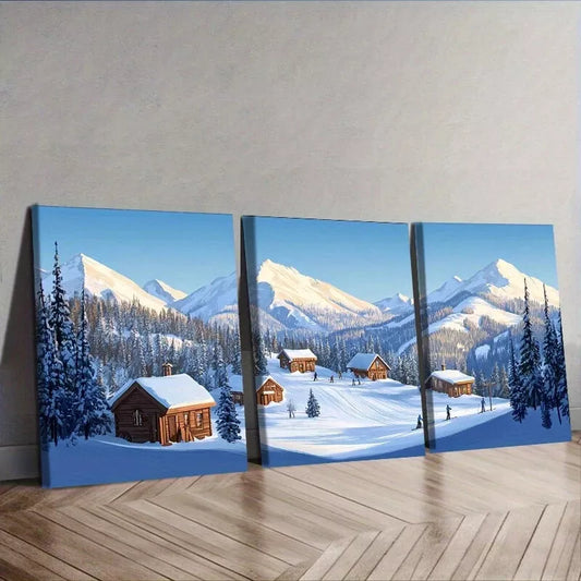 3pcs Snow Covered Village Mountains Scenery Wall Art Set Canvas Framed 40x60cm - High Quality Print 100% Australian Made Wall Canvas Ready to Hang