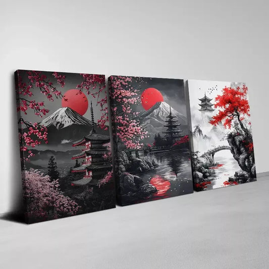 3pcs Nature Scenes with Mount Fuji & red Florals Art Set Canvas Framed 50x70cm - High Quality Print 100% Australian Made Wall Canvas Ready to Hang