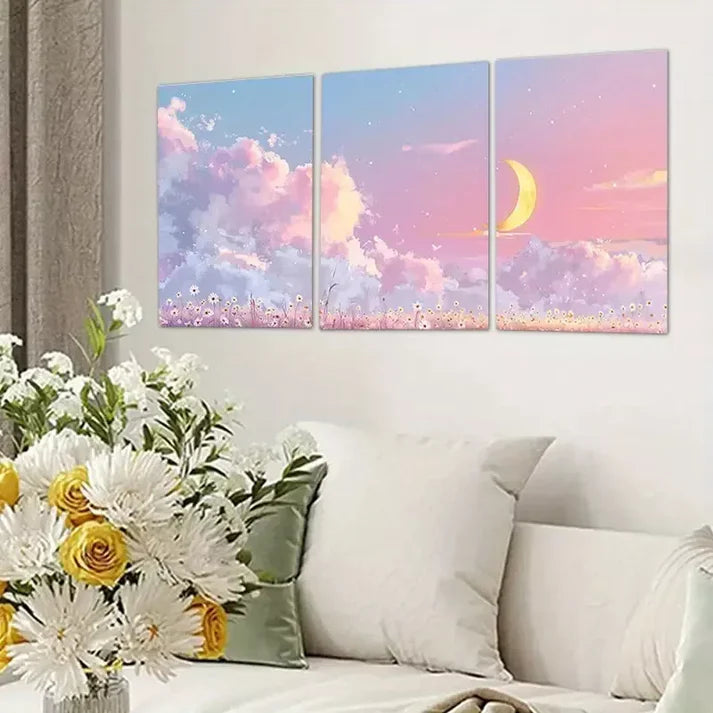 3pcs Crescent Moon and Clouds Wall Art Canvas Unframed - High Quality Print 100% Australian Made Wall Canvas - Bella Home Decor