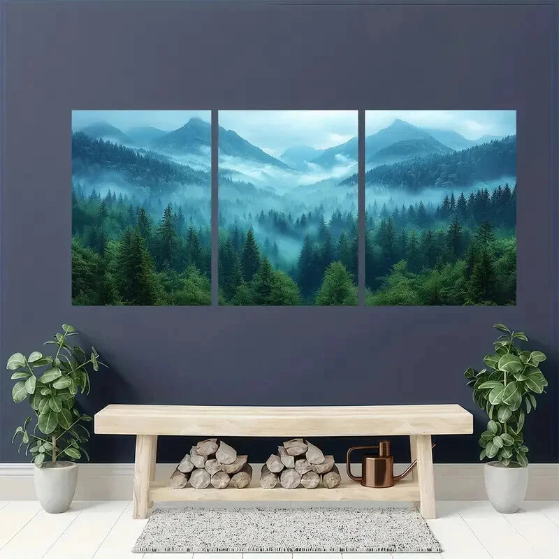 3pcs Green Forest Mountain Photography Metal Print Ready to Hang Art - Bella Home Decor