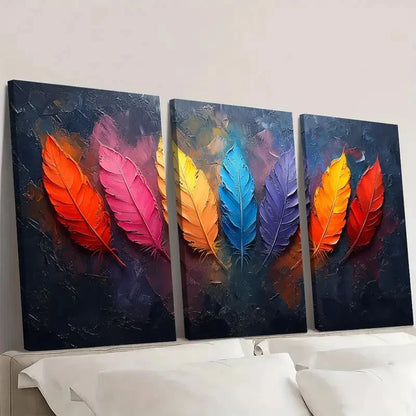 3pcs Original Colorful Feather FH Wall Art Set Canvas Framed 50x70cm - High Quality Print 100% Australian Made Wall Canvas Ready to Hang