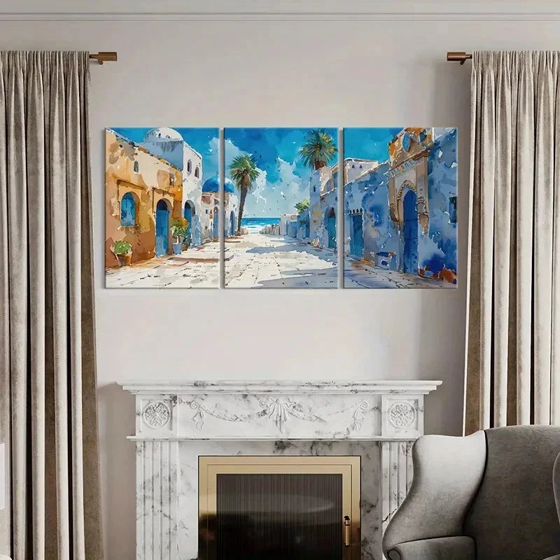 3pcs Palm Trees Coastal Buildings Mediterranean Metal Print Ready to Hang Art - Bella Home Decor