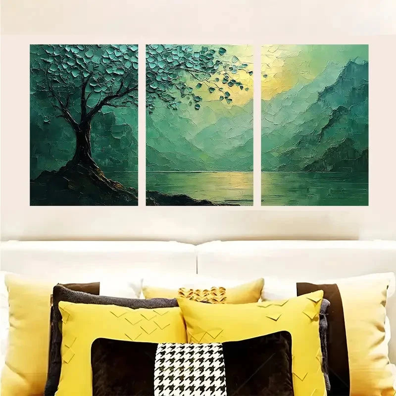 3pcs Abstract Green Tree By The Mountain Lake  Wall Art Set Canvas Framed 60x90cm - High Quality Print 100% Australian Made Wall Canvas Ready to Hang - Bella Home Decor