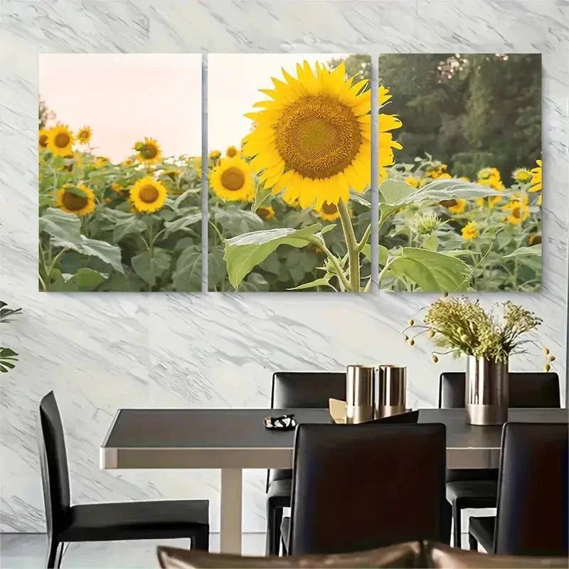 3pcs Vibrant Yellow Sunflowers with Green Leaves Metal Print Ready to Hang Art