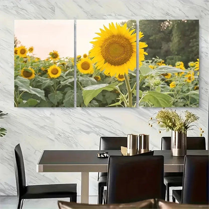 3pcs Vibrant Yellow Sunflowers with Green Leaves Metal Print Ready to Hang Art