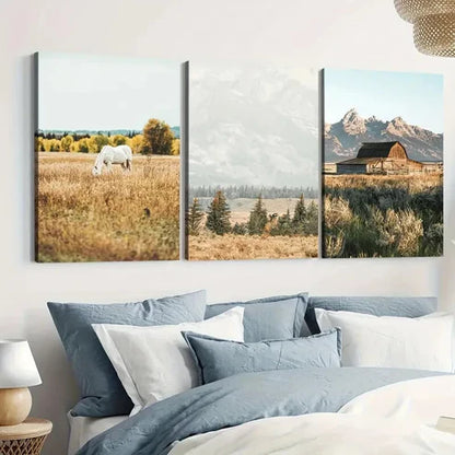 3pcs Farmhouse Large Nature White Horse Mountain Wall Art Canvas Unframed - High Quality Print 100% Australian Made Wall Canvas